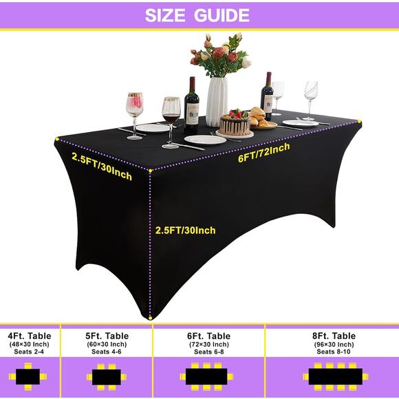 Hussome Lot of 2- 6FT Black Stretch Fitted Tablecloths for Rectangle Tables New - Picture 3 of 9